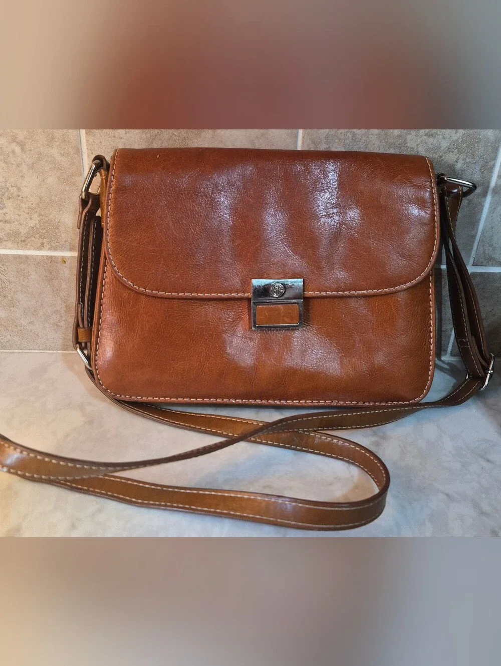 Giani Bernini Womens Crossbody Leather Brown Purse Soft Shiny Adjustable Strap